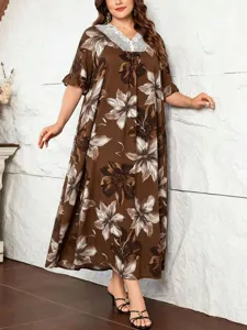 Details of the brown floral plus-size dress with lace V-neck and ruffles for summer.