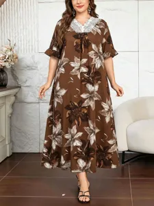 Plus Size Women's Summer Vintage Floral Printed Lace V-Neck Half Sleeve Loose Long Dress Elegant Casual Maxi Dress