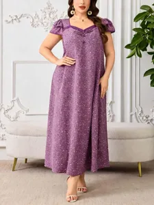 Plus size summer French purple floral square collar puff sleeve loose long dress for women