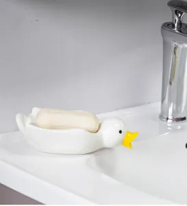 Porte-savon mignon en céramique canard avec drainage, joli accessoire de salle de bain.