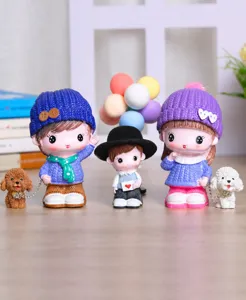 Cute cartoon doll family figurines set, resin desktop ornament details, lovely room decor.