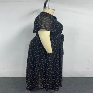 Plus size floral short sleeve midi dress with lapel collar and waist belt for women summer