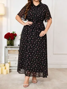 Floral print short sleeve plus size dress detail showing collar and waist tie design.