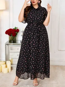 Summer new black floral lapel short sleeve waist tie plus size elegant maxi dress