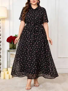 Elegant black floral plus size midi dress with short sleeves, lapel collar and waist tie.