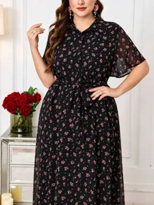 Plus Size Black Floral Print Midi Dress with Collar and Waist Belt for Summer Season