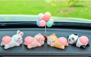 Cute animal car dashboard ornament set detail view, resin cartoon doll decoration for auto interior.
