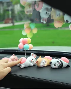 Cute cartoon animal car dashboard ornament with balloons, soft touch doll decoration for interior.