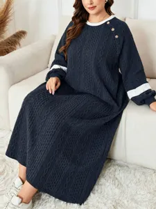 Plus size long sleeve cable knit maxi dress with color block detail for autumn winter cozy wear