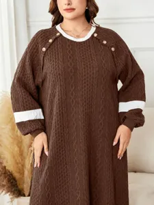 Plus size contrast collar knitted long sleeve dress, warm casual winter A-line sweater robe.
