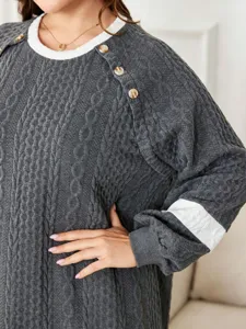 Plus size contrast knit long sleeve top with cable pattern and chic shoulder buttons for autumn.
