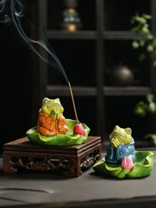 Cute ceramic frog incense burner set, zen lotus leaf cone stick holder for home decor.