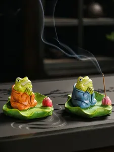 Zen ceramic little frog incense holder, cute meditation frog lotus leaf stick burner.