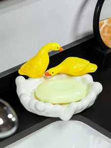 Cute ceramic duck soap dish, white cloud soap holder with two yellow ducks for bathroom decor.