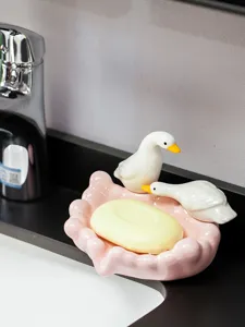 Cute ceramic duck soap dish holder, pink shell soap tray for bathroom home decor, sweet style.