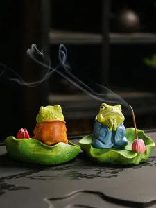 Zen ceramic frog incense holder detail view, cute animal statue for home aromatherapy and decor.