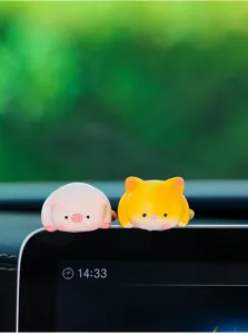 Cute animal dashboard figurine car interior decoration cute cat and pig resting on monitor edge