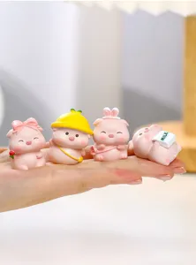Miniature cute pink pig resin figurines detail, adorable cartoon animal car interior decor.