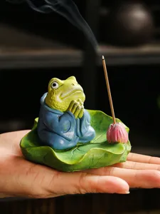 Ceramic frog incense burner monk meditating on lotus leaf holder for indoor home meditation