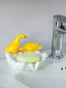 Cute ceramic duck soap dish holder for bathroom, white cloud soap tray and decor.