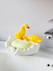Cute ceramic duck soap dish with cloud tray, ins style bathroom decorative soap holder.