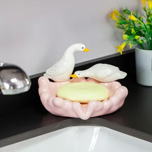Cute ceramic duck soap dish with pink tray, aesthetic bathroom decor and lovely soap holder for home.