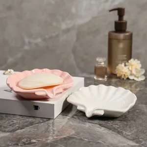 Ceramic shell soap dish set, creative cute soap holder for bathroom and home decoration use.