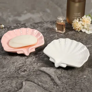 Ceramic shell soap dish, creative bathroom decor and cute soap holder for home and office use.