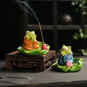 Zen ceramic frog incense holder set, cute meditation frog censer for home decor and aromatherapy.