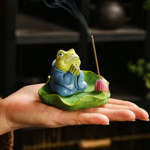 Zen frog ceramic incense burner cute meditating animal sculpture for home table decor