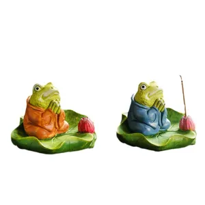 Cute meditating frog incense holder zen ceramic lotus leaf cone stick burner home decor