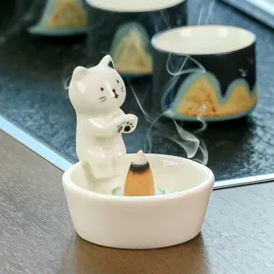 Ceramic cat incense burner cute backflow smoke aroma holder tabletop home decor craft gift.