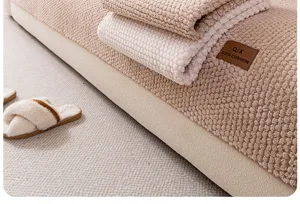 Detailed close-up view of thickened plush sofa cushion, cozy winter home decor fabric.