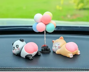 Cute resin panda and cat car interior ornaments detail, funny dashboard decorative items.