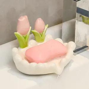 Ceramic soap dish with cute tulip decor, draining bar soap holder for bathroom countertop storage.