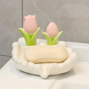 Ceramic soap dish with cute tulip decor, draining soap holder for bathroom sink