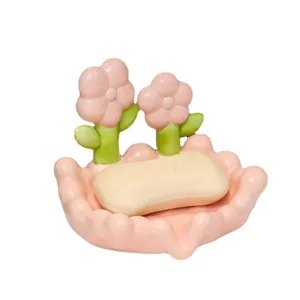 Cute ceramic soap dish with pink tulip flowers, lovely draining bathroom soap holder for home.