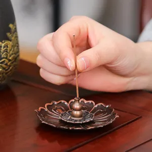 Antique copper lotus incense burner base with gourd holder for desktop decoration main