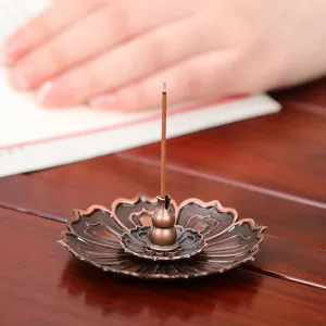 Vintage lotus incense burner bronze metal desktop ornament for home office main view.