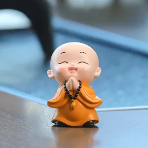 Cute little monk Buddha figurine table ornament healing home office desk decoration orange robe
