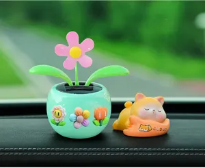 Cute solar shaking flower pot and sleeping animal car dashboard ornament set for auto interior decor