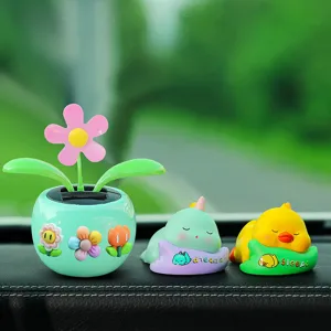 Cute solar powered flower pot and sleeping animal car dashboard ornaments for decor.