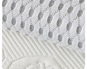 Primer plano de tela de cojín de sofá de seda de hielo blanca, malla transpirante doble.