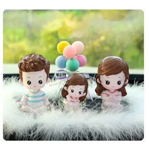 Cute family cartoon car dashboard ornament resin figurine with colorful balloons decor