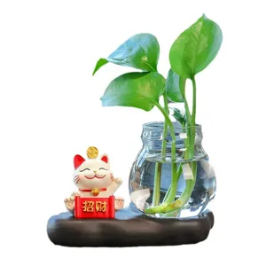 Vase de plante hydroponique de bureau chat porte-bonheur decoration bureau salon verre