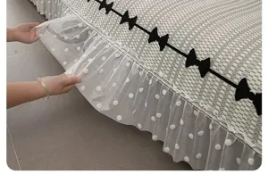 Detailed shot of the mesh fabric and cute bow decoration on the stylish home textile cover.