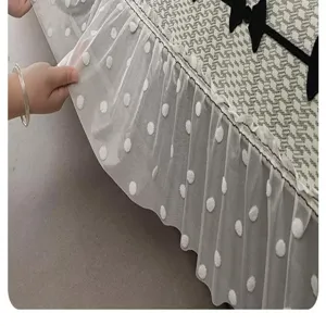 Ice silk sofa cover detail, cooling mat mesh frill with bow, elegant home textile fabric.
