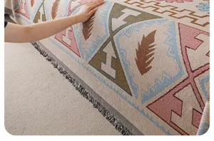 Retro chenille sofa cover throw blanket featuring geometric bohemian pattern and fringe