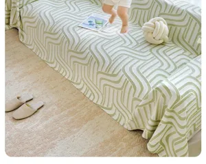 Cooling silk sofa cover full piece green wave pattern anti-slip summer furniture protector