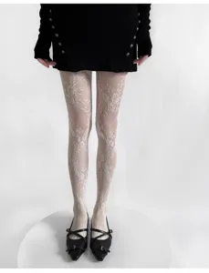 White lace floral fishnet tights y2k style women pantyhose vintage aesthetic hollow out detail